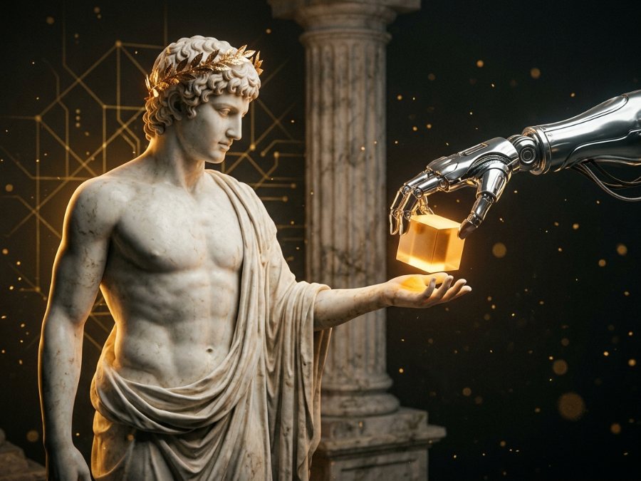 Nivel avanzado: estatua con corona de laurel recibiendo un cubo dorado de una mano robótica