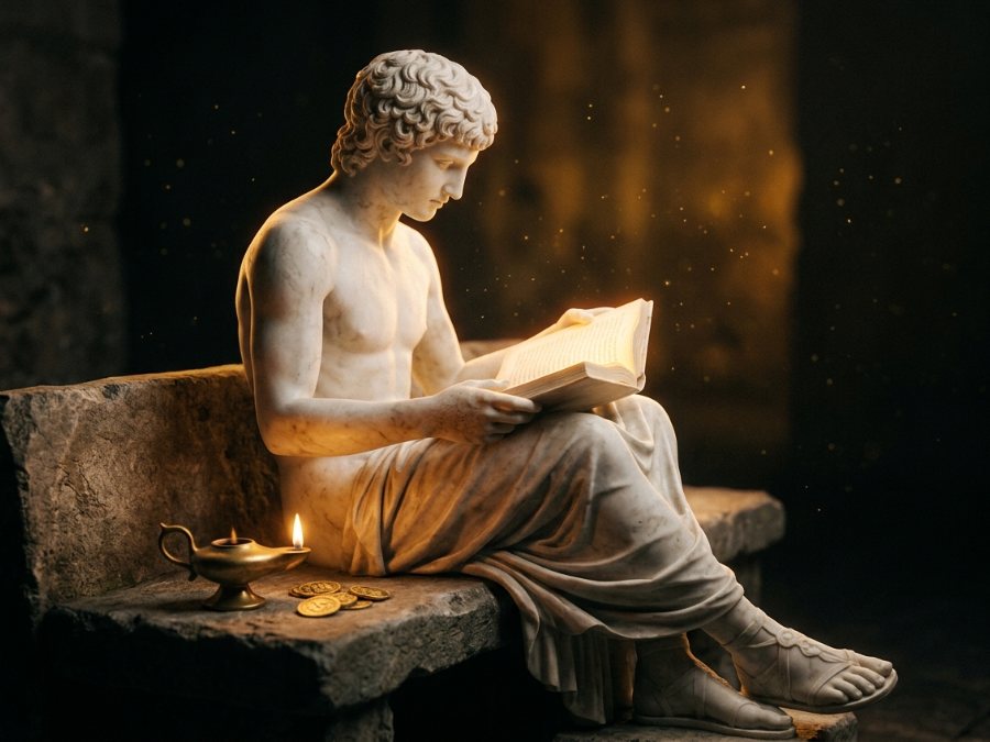 Nivel básico: estatua de mármol leyendo un libro dorado junto a una lámpara y monedas