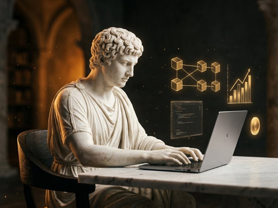 Nivel intermedio: estatua de mármol trabajando en una laptop con diagramas de blockchain y gráficos dorados