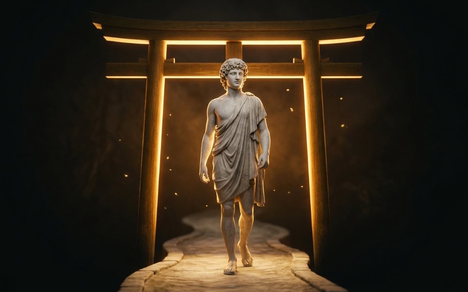 Estatua de mármol cruzando un torii dorado: entrar gratis a la academia de CryptoManji