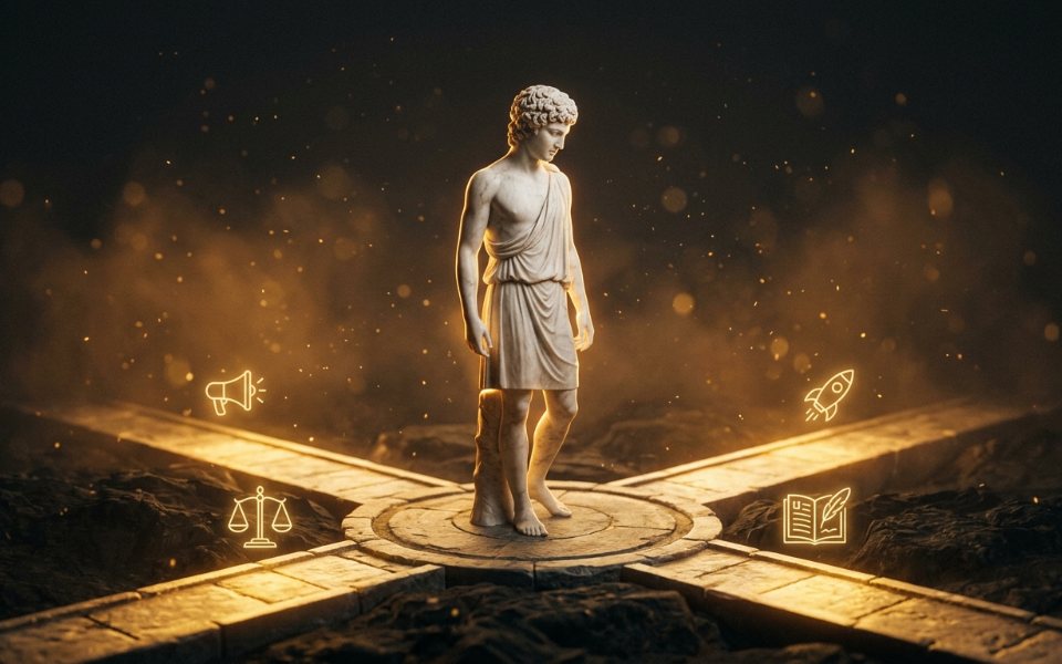 Estatua de mármol ante cuatro caminos dorados con símbolos de balanza, libro, megáfono y cohete: elegir tu ruta profesional