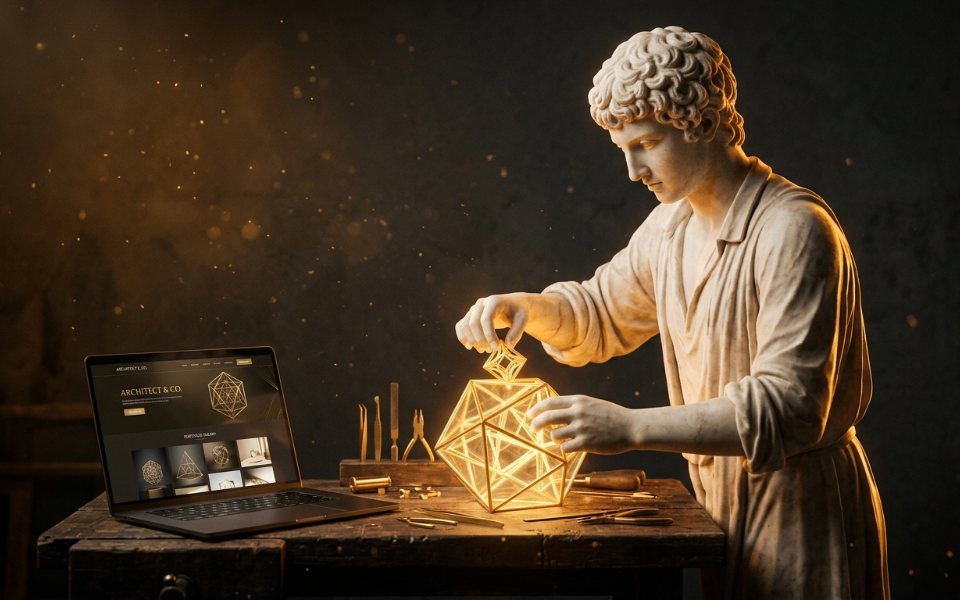 Estatua de mármol armando una estructura dorada junto a una laptop con un sitio web terminado: proyectos reales