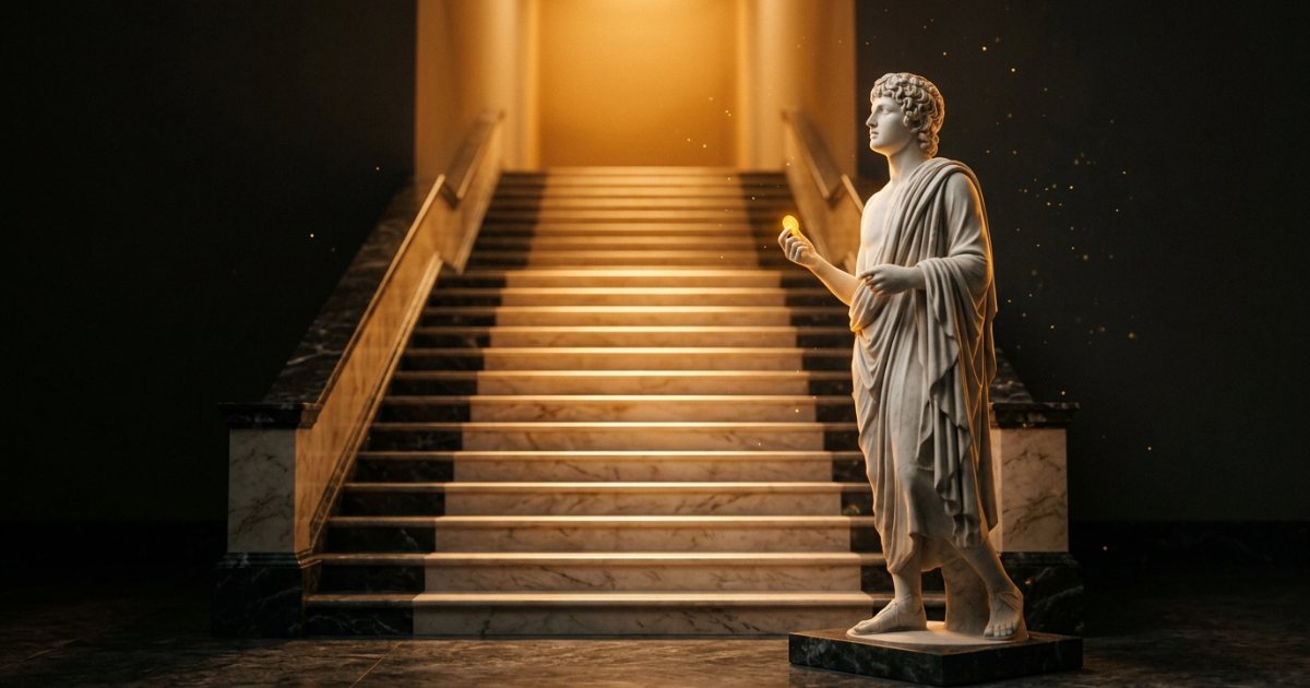 Estatua de mármol al pie de una escalera dorada con una moneda en la mano: por dónde empezar a aprender cripto
