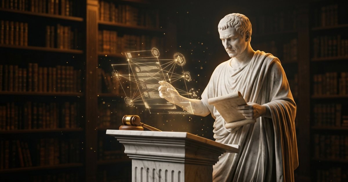 Estatua de un abogado en toga revisando un contrato inteligente dorado junto a un mazo en una biblioteca jurídica