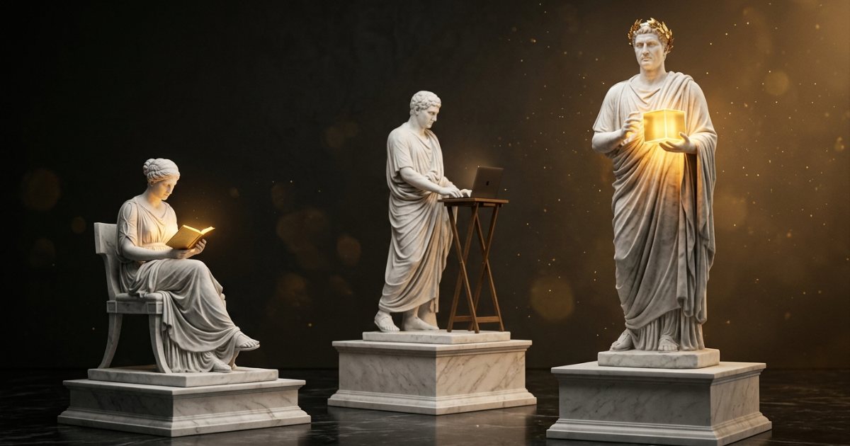 Tres estatuas de mármol en pedestales ascendentes: leyendo, en una laptop y con corona sosteniendo un cubo dorado