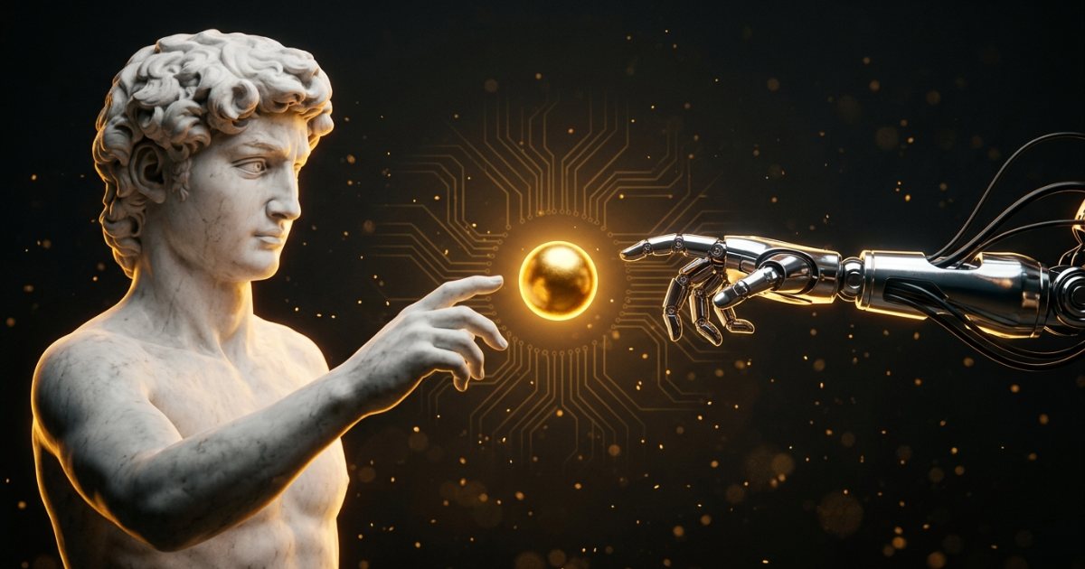 Estatua de mármol y una mano robótica tocando un orbe dorado: inteligencia artificial para profesionales