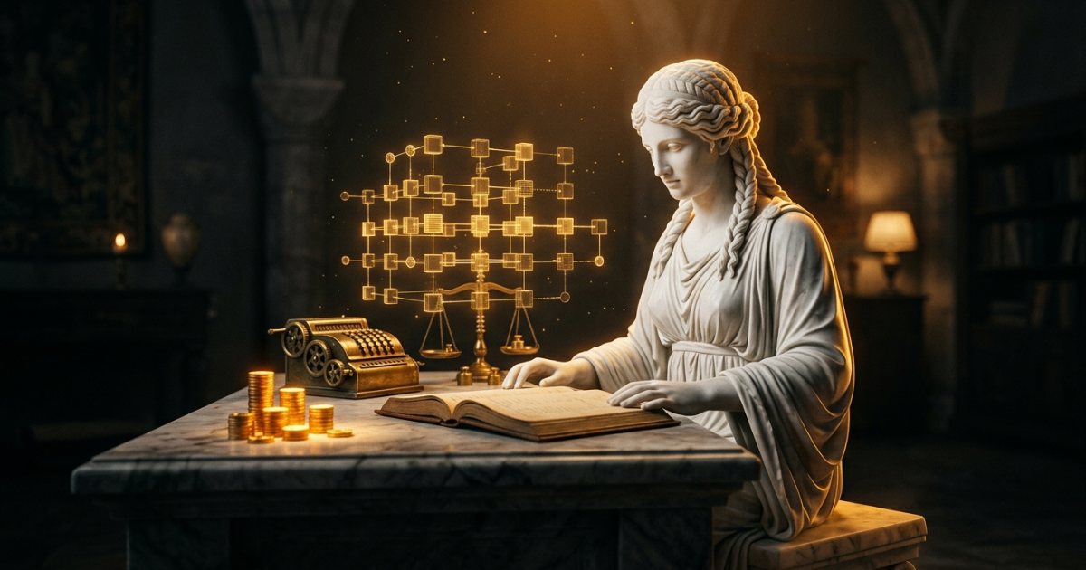 Estatua de mármol de una contadora con libro contable, calculadora antigua, monedas doradas y una balanza