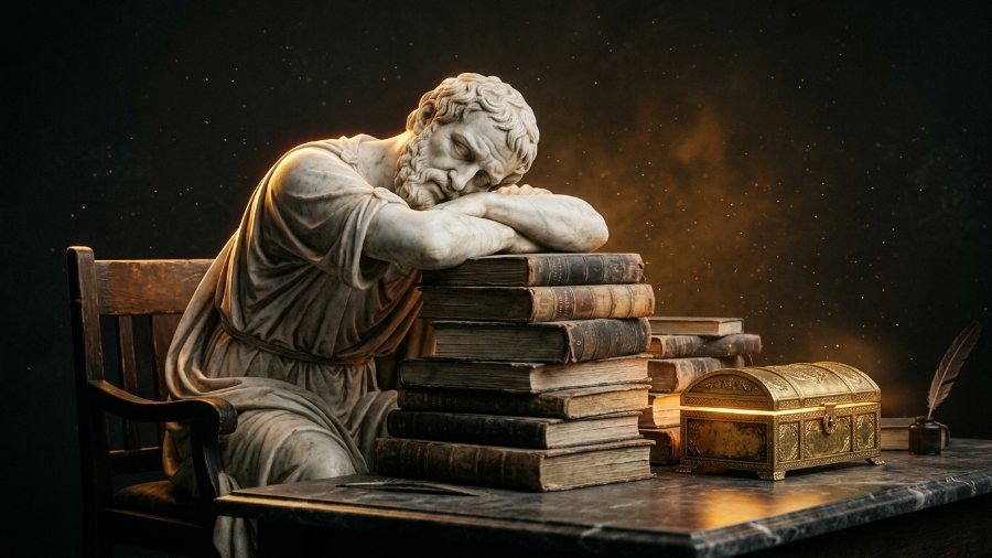 Estatua de mármol dormida sobre una pila de libros polvorientos junto a una caja de herramientas dorada sin abrir