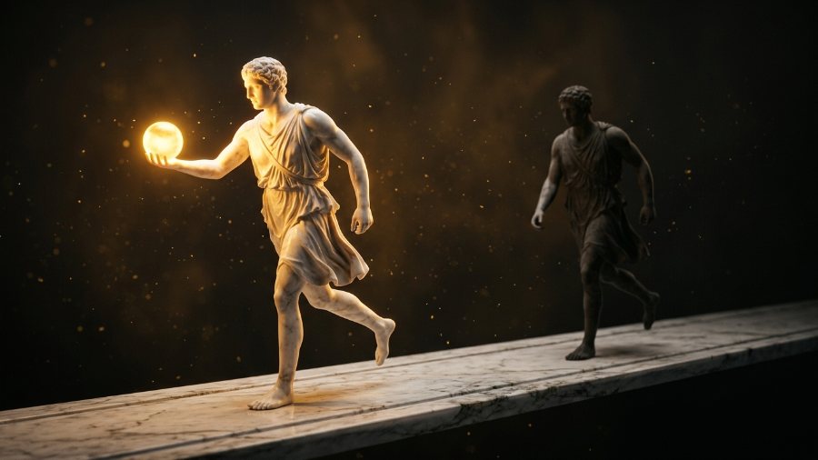 Dos estatuas de mármol en una pista: la de adelante lleva un orbe dorado y avanza iluminada, la de atrás queda en sombra