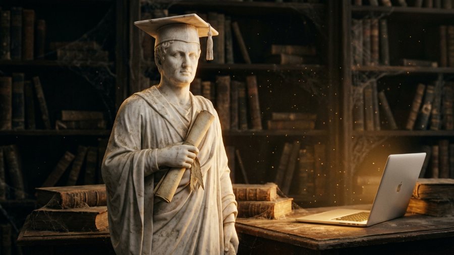 Estatua de mármol con birrete sosteniendo un diploma polvoriento en una biblioteca vieja, junto a una laptop encendida que ignora