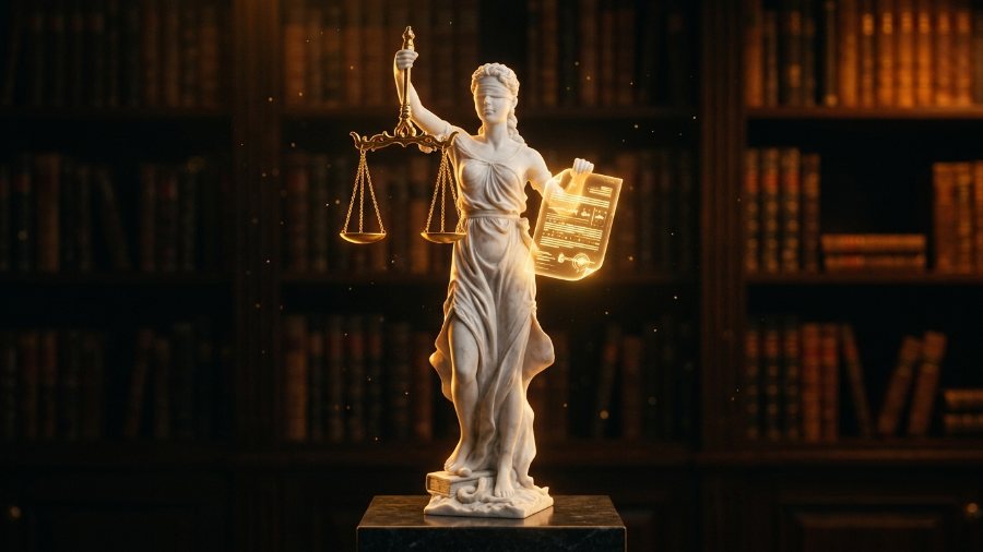 Estatua de la justicia con balanza y un contrato inteligente dorado en una biblioteca jurídica