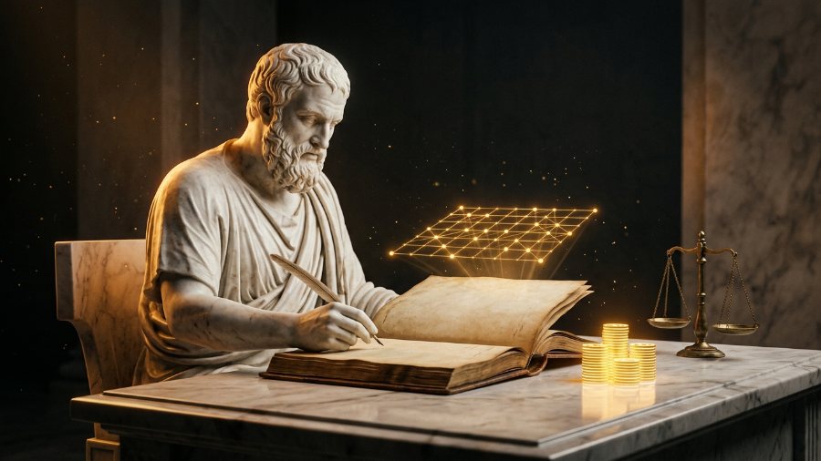 Estatua de mármol revisando un libro contable con monedas doradas y una balanza