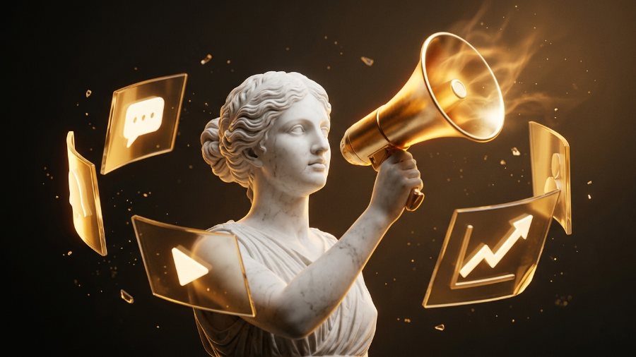 Estatua de mármol con un megáfono dorado rodeada de paneles con mensajes, video y gráficos